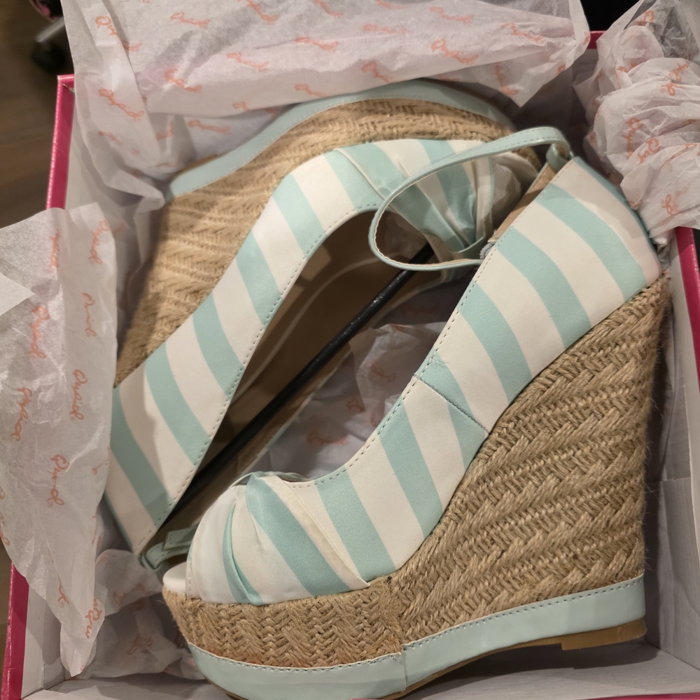 Qupid Mint and White Striped Espadrille Wedge Sandals